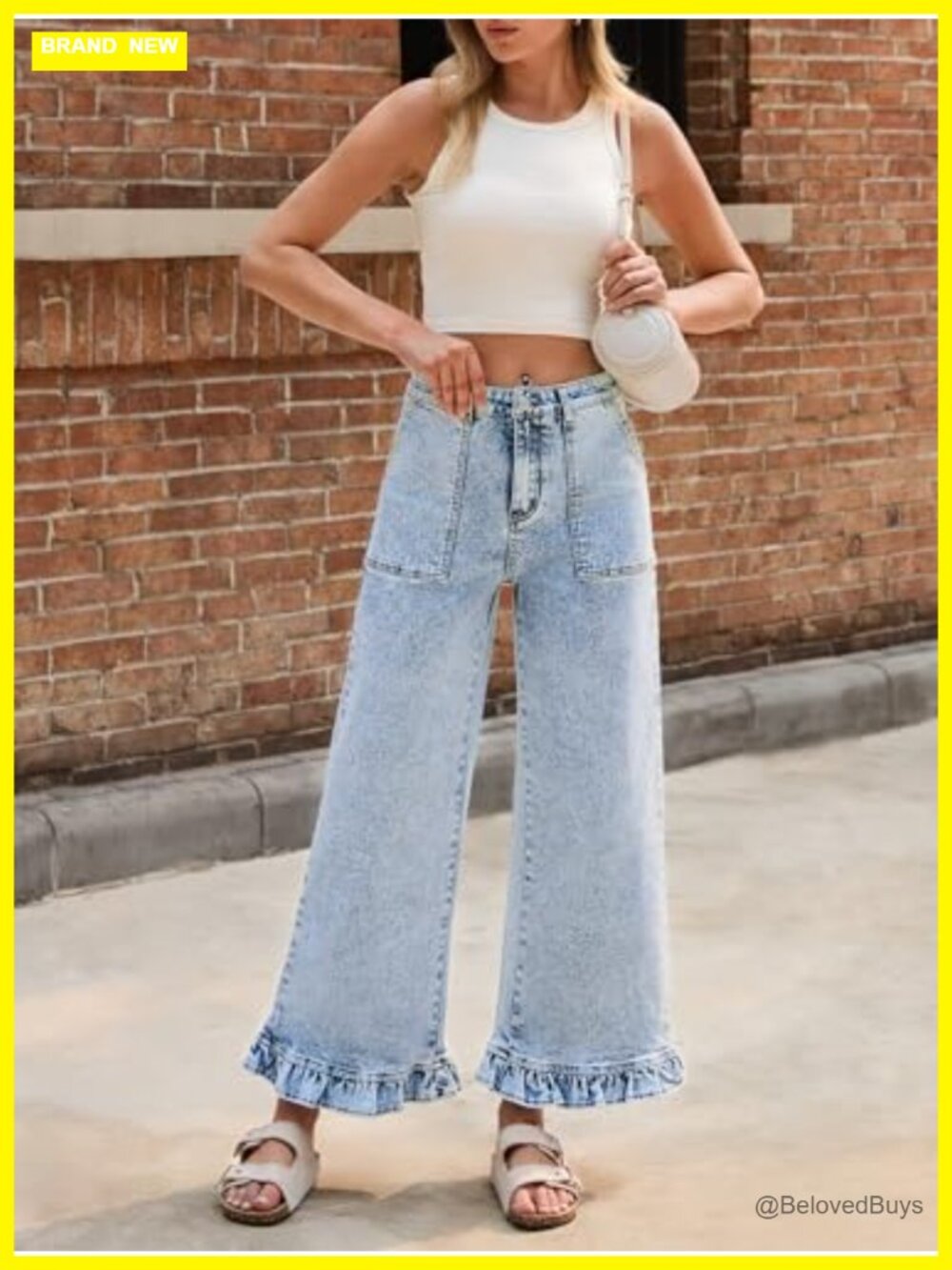 High Waisted Wide Leg Cropped Ruffle Hem Jeans with Pockets - Picture 3 of 7